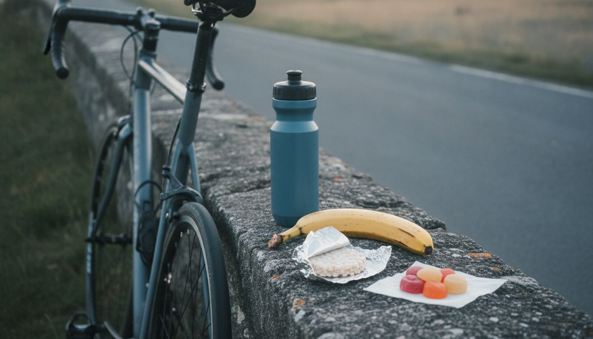 A plain road bike leaning against a low stone wall beside an empty country road. In the foreground on the wall: a plain slate-blue drinking bottle, a banana, a rice cake in silver foil and a few fruit-jelly sweets on a sheet of baking paper.