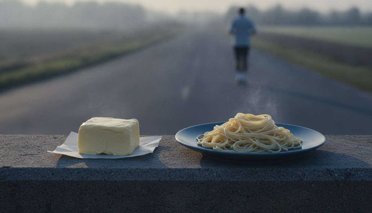 A block of butter on a sheet of baking paper and, beside it, a blue plate of plain spaghetti without sauce, on a low concrete wall beside an empty country road at first light. Far down the road, out of focus, a runner moves away into the morning haze.