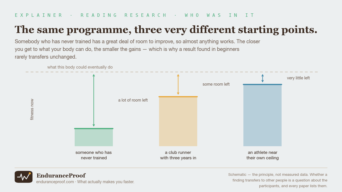 Diagram: three columns showing current fitness against a dashed ceiling line marking what each body could eventually do. An untrained person has a large gap, a club runner a moderate one, an athlete near their ceiling almost none.
