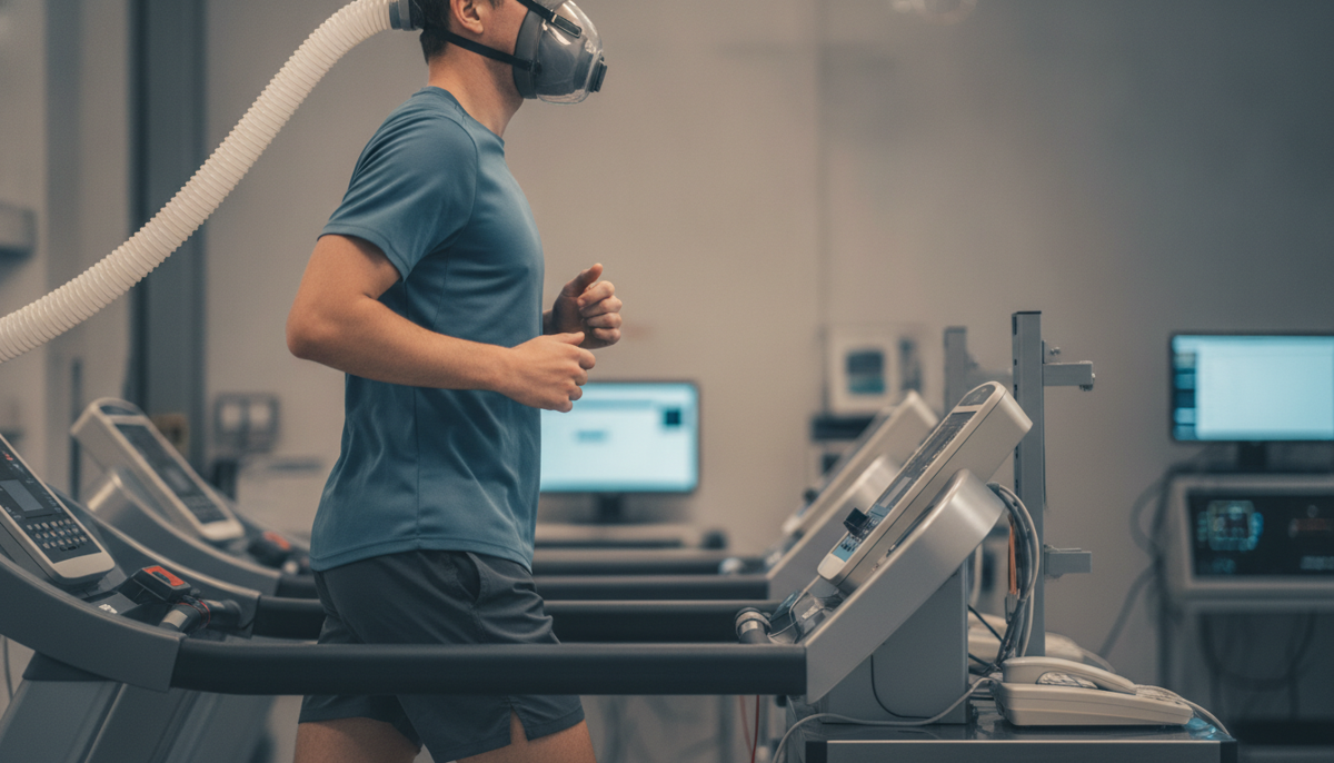 A runner on a treadmill in a sports-science laboratory, wearing a breathing mask connected by a corrugated tube to gas-analysis equipment, seen from the side.