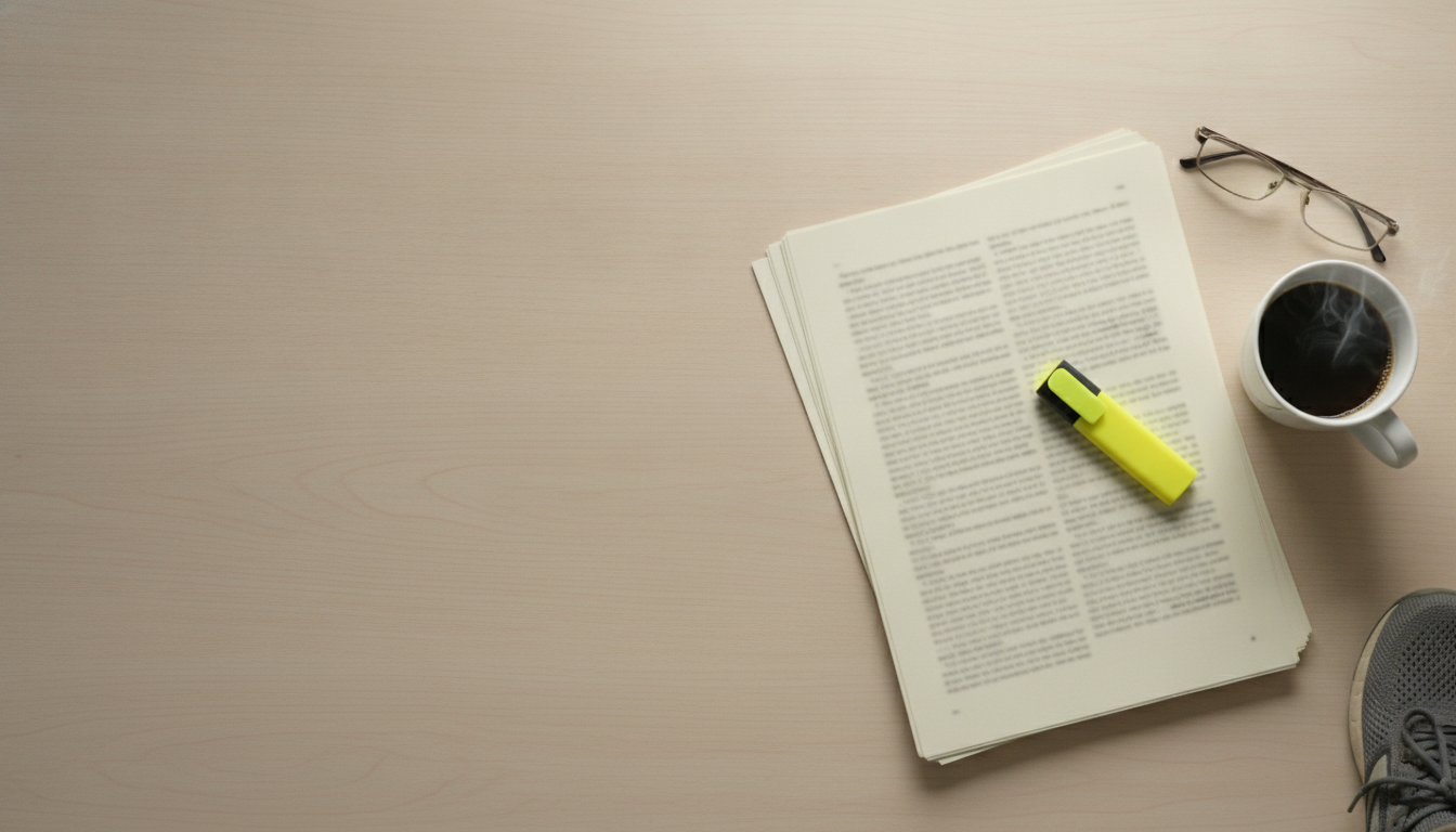A stack of printed research pages on a pale wooden table seen from above, with a highlighter, reading glasses, a mug of coffee and the heel of a running shoe at the edge of the frame.