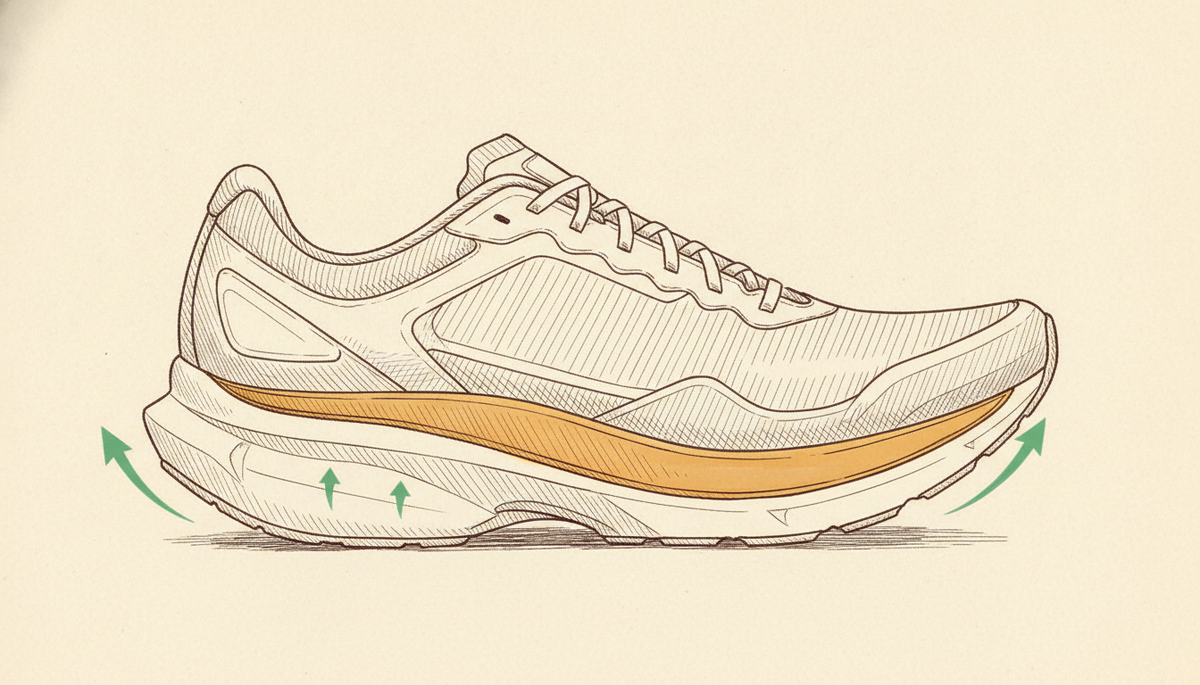 Cutaway illustration of a carbon-plate running shoe: a curved carbon plate runs through the cushioned foam, with arrows showing energy return.