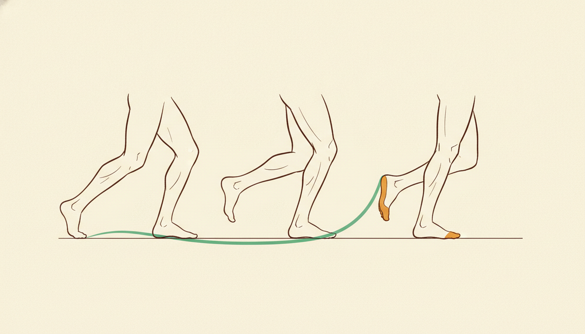 Diagram of a stride from heel contact to toe-off, with a curved line tracing the rolling rocker motion the plate encourages.