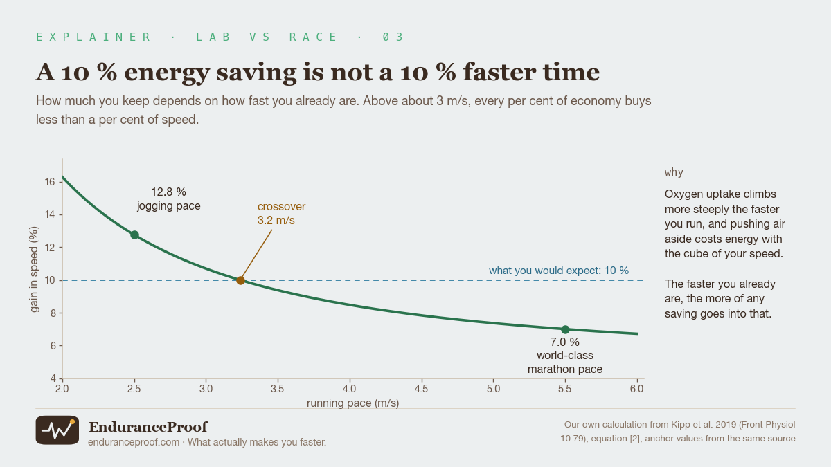 A line chart. The horizontal axis is running pace from 2.0 to 6.0 metres per second; the vertical axis is the gain in speed as a percentage. A green curve falls from about 16 per cent at 2 metres per second to about 6.7 per cent at 6. A dashed blue line marks 10 per cent, the level you would naively expect, and the curve crosses it at 3.2 metres per second. Two points are marked: 12.8 per cent at jogging pace and 7.0 per cent at world-class marathon pace.