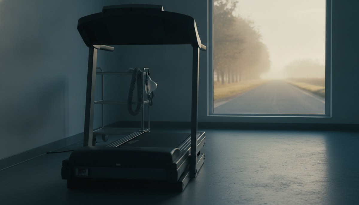 An empty treadmill in a plain, cool-lit exercise laboratory in the early morning. A trolley with a coiled breathing tube and a hanging mask stands beside it. The right-hand third of the frame is a tall window, and through it an ordinary open road runs away between trees into warm morning haze.