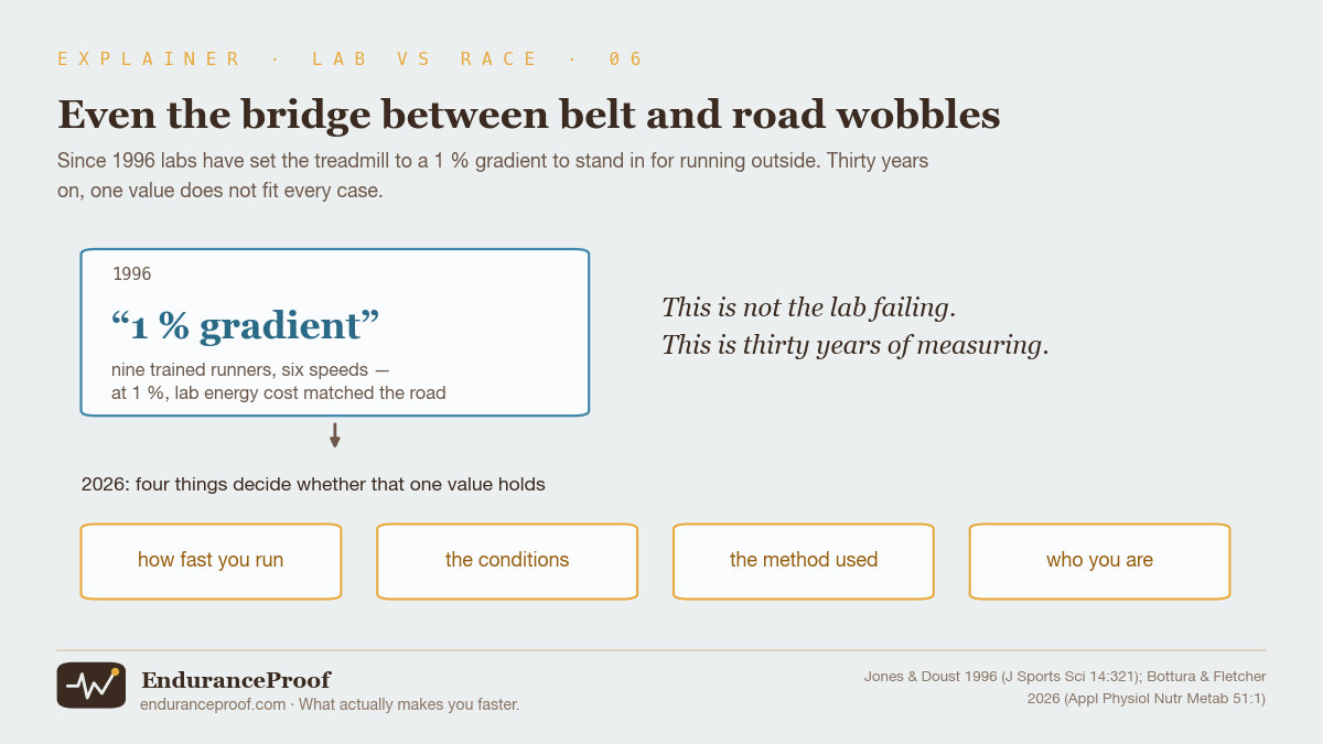 A blue-outlined card dated 1996 containing the phrase one per cent gradient, with a note that nine trained runners at six speeds showed the belt matching the road at that setting. An arrow points down to a row of four amber cards headed 2026: how fast you run, the conditions, the measurement method and who you are.