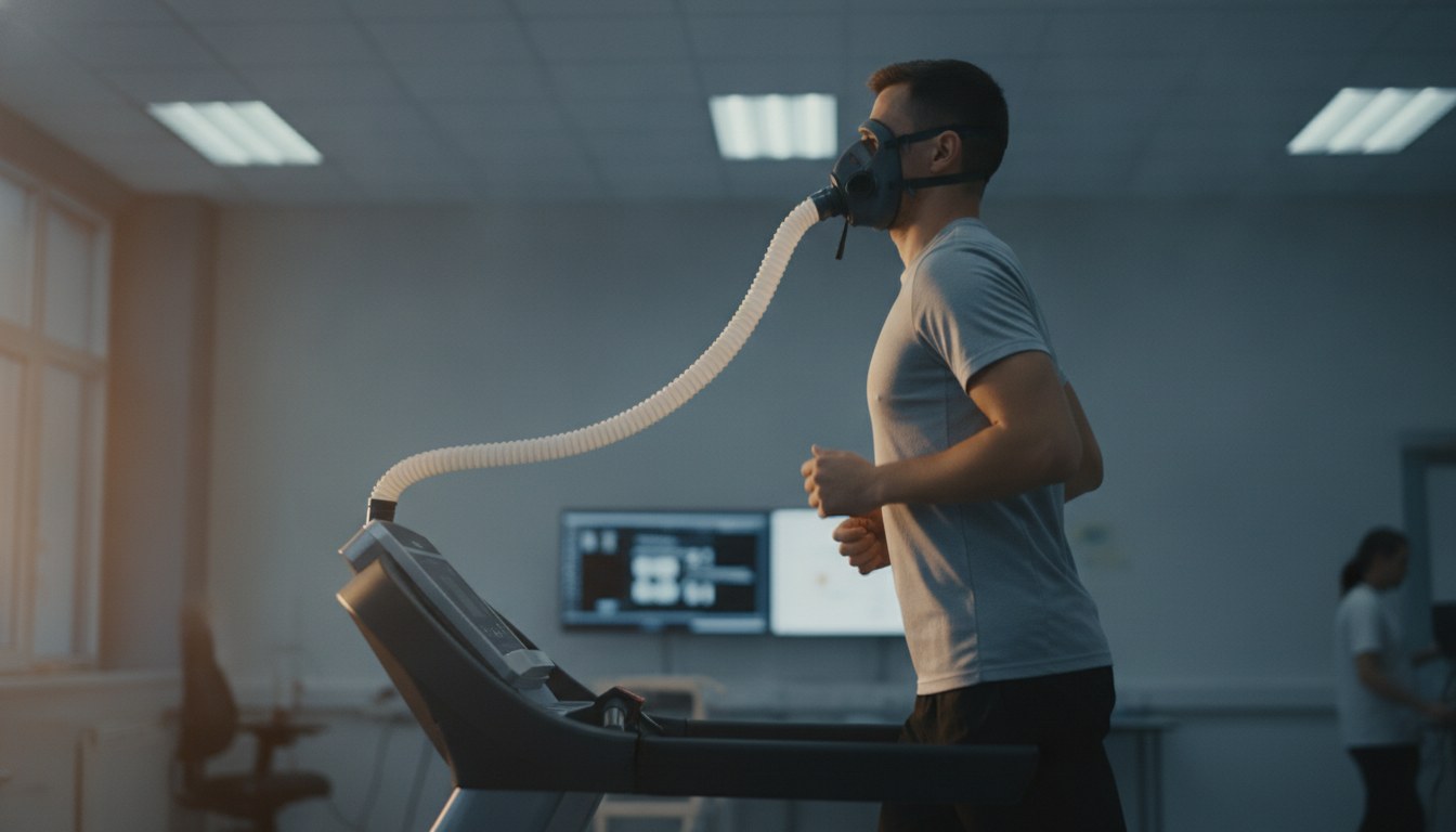 A runner on a treadmill in a sports-science laboratory, wearing a breathing mask connected by a corrugated tube to gas-analysis equipment, viewed from the side against a softly lit window.