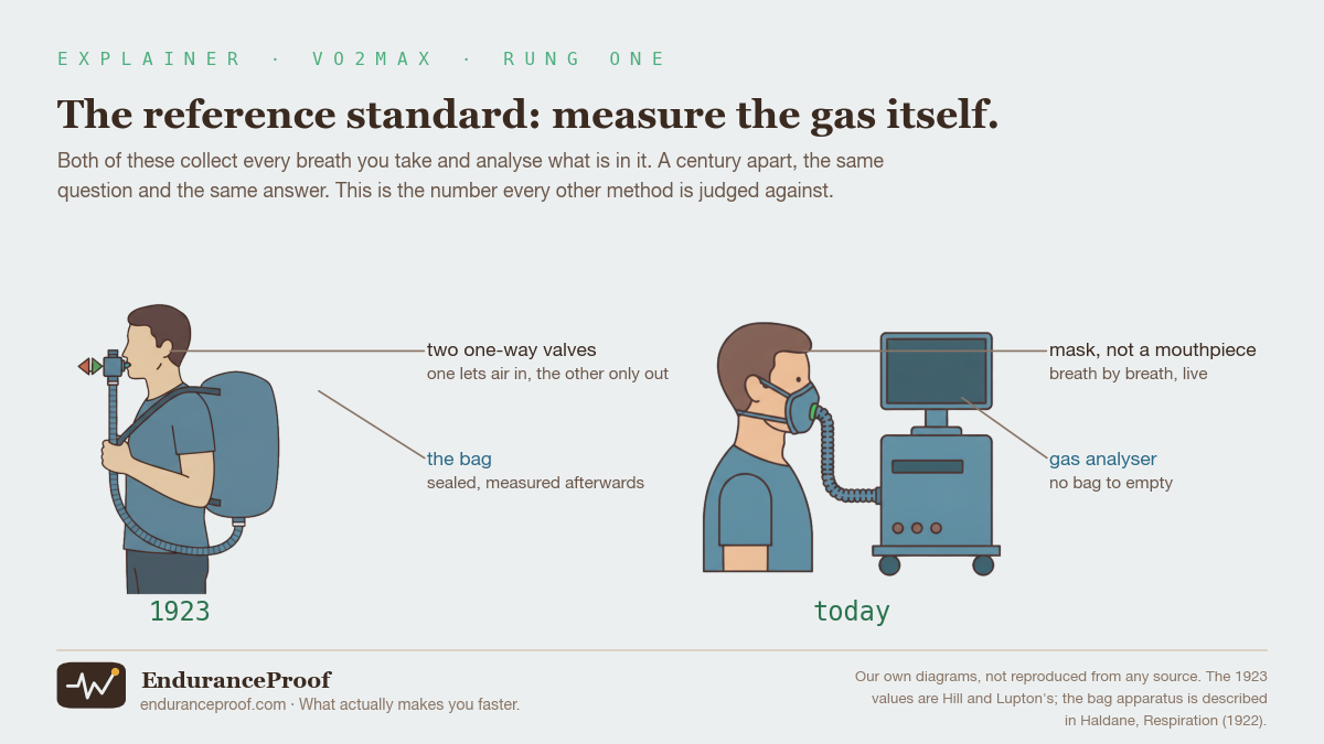 Two diagrams side by side. On the left, a 1923 arrangement: a person wearing a canvas bag on the back, breathing through a mouthpiece with two one-way valves, so that room air goes in and every exhaled breath goes into the sealed bag. On the right, the modern equivalent: a person in a mask connected by a hose to a trolley with a gas analyser and a screen, reading breath by breath.