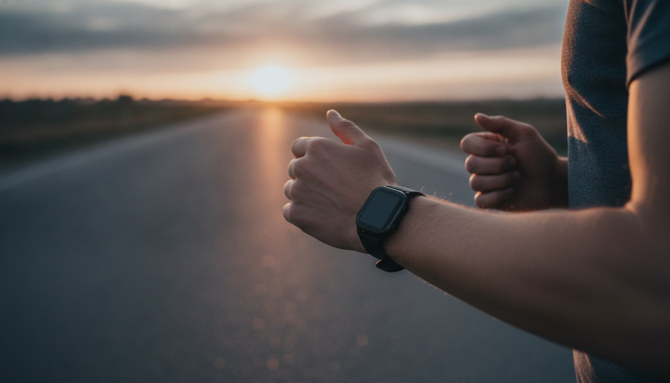A runner's forearm and wrist mid-stride on an empty road at dawn, wearing a plain sports watch with a blank dark face; the background of tarmac and low sun is softly blurred.