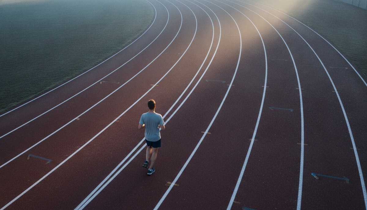 Looking down along an outdoor running track at dawn. Freshly painted white lane lines curve away across weathered red-brown surface, filling most of the frame. A single runner in plain kit moves through the lower third, seen from above and behind.