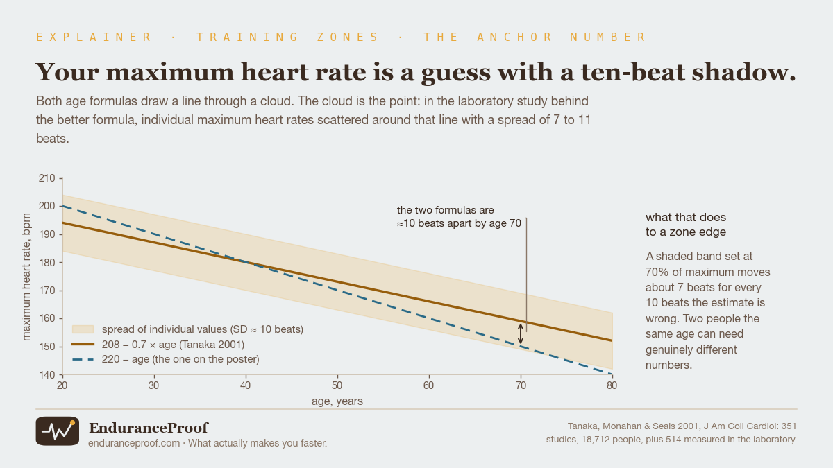 A line chart of maximum heart rate against age from 20 to 80. A solid line for 208 minus 0.7 times age, a dashed line for 220 minus age, and a shaded band ten beats wide around the solid line showing the spread of individual values. The two lines cross around age 40 and are about ten beats apart by age 70. A note explains that a band set at 70 per cent of maximum moves about 7 beats for every 10 beats the estimate is wrong.